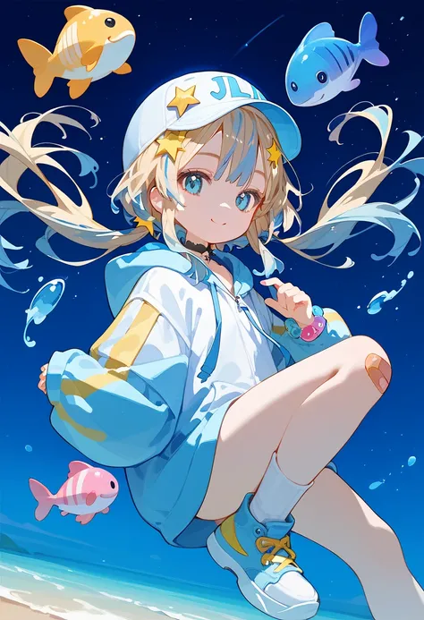 Score_9,Score_8_up,Score_7_up,highest quality,detailed, twintails,hoodie, multicolored hair,blue hair,cap,blue eyes, socks,low twintails,jewelry,bangs,bracelet,choker, star (symbol), star hair ornament, blonde hair,bandaid on knee,floating,night sky,stars,...