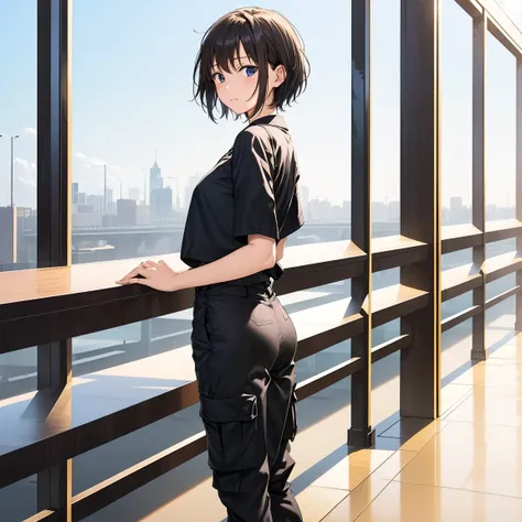 ((masutepiece, Best Quality, hight resolution, nffsw, Perfect Pixel,  4K, nffsw, nffsw))), 1girl in, Chihiro, anime, 14-year-old Japanese female junior high school student, alone, ennui, sunset sky, (((Asymmetrical short hair, black hair))), blue jacket, w...