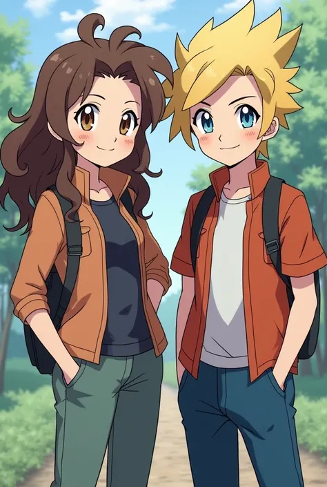 Two Pokemon trainers , one is a 159 cm girl with wavy and brown hair ,The girl's eyes are brown . The other Pokemon trainer is a 188 cm boy with blond hair and has a tapper fade,The boy has blue eyes .Make the image like a Pokemon card 