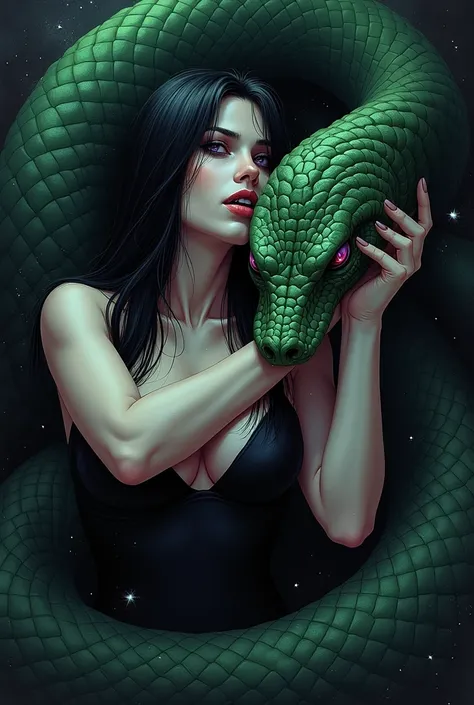 Prompt: A pale-skinned woman with long, straight black hair and piercing purple eyes strangles a serpent man, her fingers digging into his scaled throat. She wears a tight black dress with a deep neckline, and a dark mantle adorned with shimmering stars fl...