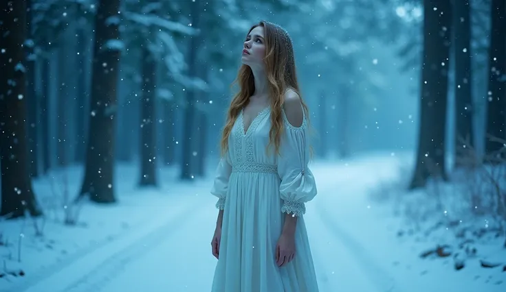 (((     please wear a long sleeve white dress   、  That place is full of deep things   , Deep blue light    ))),  use ,    it's snowing   ,      Russian woman is looking up     ,      supermodel in her wet 20s     ,     perfect ratio  ,        long golden ...