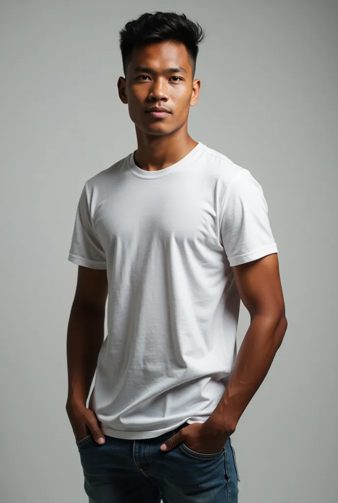 Men with short hair, high waist, dark skin, sharp frame on the face of Thai men, height 175, weight 70, wearing T-shirt, short sleeves, jeans, 25 years old