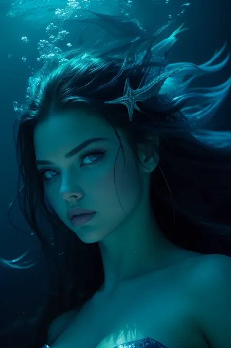 Adriana Lima, aqua hair, aqua eyes, ((mermaid)), underwater, (((masterpiece, young, tween, 16yo)))