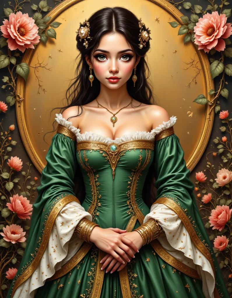 Waist up half body portrait of a beautiful noblewoman, standing, frontal view, shy smile, Manga illustration, 8K, high res, 18yo, attractive, cute, smile, round blue eyes, detailed green and gold dress, floral background, renaissance, fresco, Antonio Polla...