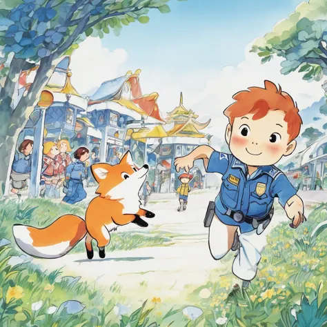  Japanese boys、1 boy、Alone,Only one person、５age、 cute、Wearing a police uniform、 the background is pure white、 standing facing the front、whole body、smile、Picture books、Little fox running with a 、