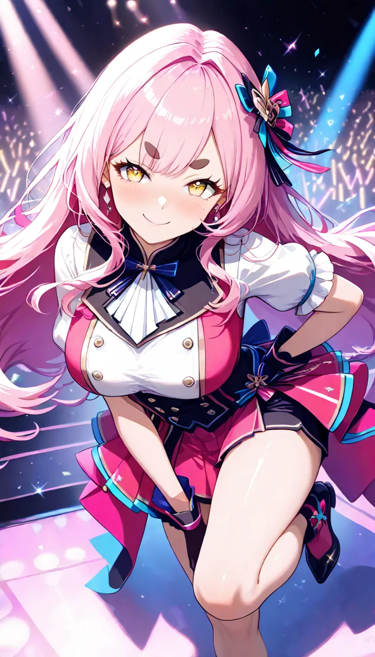  perfect finger,Sing and dance, idol costume, outdoor stage,The background is dizzy ,Proper Lighting,( best quality, 8k,  masterpiece:1.3, beautiful girl), growing skin,((( long hair, long hair, beautiful hair, pink hair:1.2))),( PERFECTIVE ANATOMY, very w...