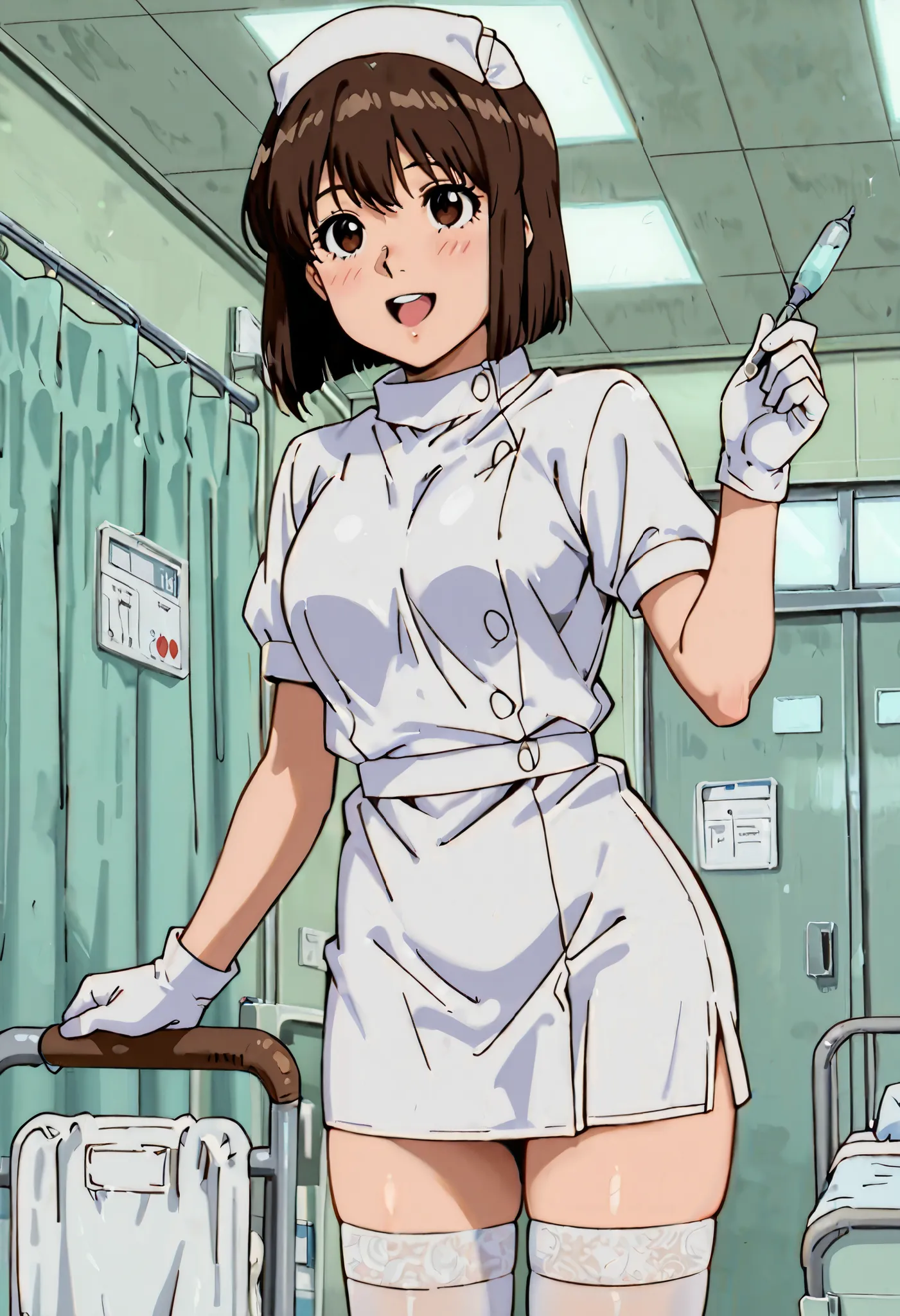 Score_9, score_8_up, score_7_up, source_anime, IppoKumiOld, brown hair, short hair, bangs, brown eyes, (best quality), (high quality), {masterpiece}, extremely delicate and beautiful, ultra-detailed, beautiful detailed eyes, nurse, nurse hat, ((white nurse...