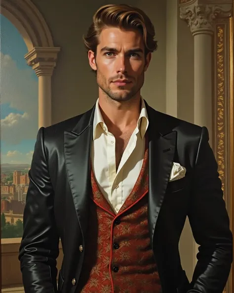 A painting drawn in the style of Raphael  ,  a handsome man in his elegant suit 