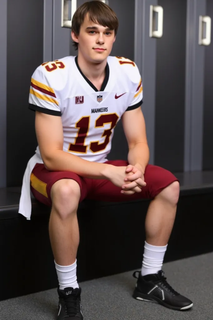 locker room, sitting on a bench, in front of lockers, slightly smiling, JedAthens is an (American football player), wearing (football uniform:1.3), (white jersey:1.3), white (shoulder pads), jersey number 13, (maroon football pants:1.4), (white socks:1.3),...