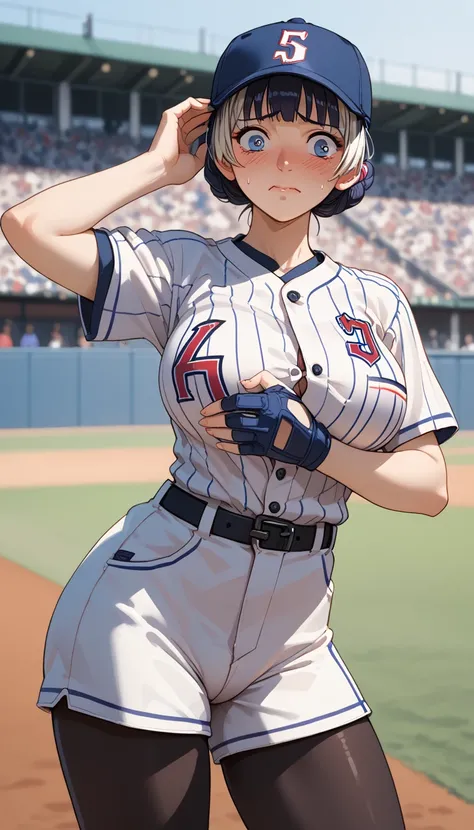 2000s (style), Japanese anime style, 1woman, solo, 18 years old, large breasts, pointy breasts, embarrassed, blush, aroused, clothed, Pitching form, Baseball uniform, Shorts, leggings, anime, anatomically correct, textured skin