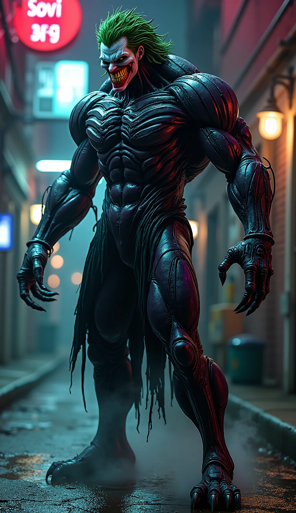 The fusion of Joker and Venom, now a monstrous hybrid, standing in the same alley. His full body is covered in a black symbiote, with Joker’s white makeup, blackened eyes, and exaggerated red smile filled with jagged teeth. His green hair is wild, merging ...