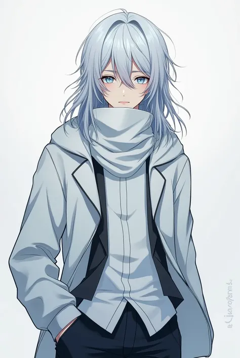 A young male with icy eyes with long white hair wearing a white hoodie under the hoodie is a white short with black blazer and black pants he has a white large scaf wrap around his neck covering his mouth he has a neutral expression on his face 