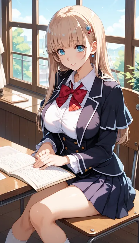  sitting on a chair in front of a window,   Kamagurka the anime girl with big boobs and big breasts , Pixiv,  what is it ？, 現実的な high school girl, a hyper現実的な high school girl, beautiful anime high  high school girl, hyper現実的な high school girl,   fleet col...