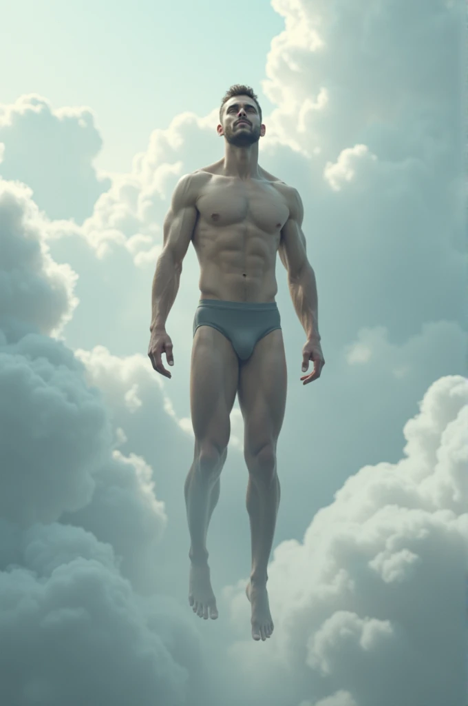  A man hovering in the clouds, while facing forward , Very real and realistic image 