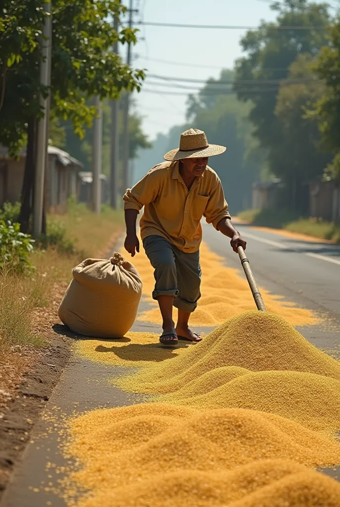 I want you to create an image of a filipino farmer drying grains in the road under the scorching sun. Struggling to handle these grains because of inefficient tools. The farmer should be wearing long sleeves like filipino farmer usually wear, and hes weari...