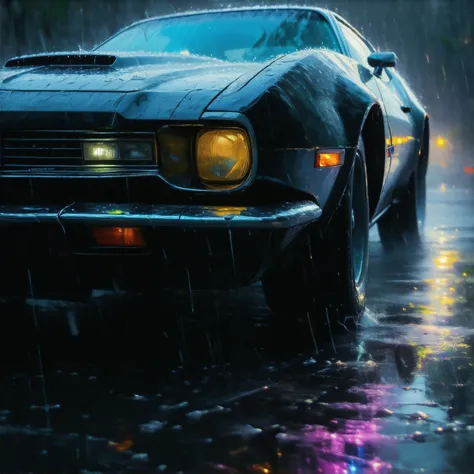 Vintage Car, 1970s,  black body ,  Neon Light ,  Road After Rain , Glowing Puddle ,  colorful light reflecting ,  low angle,  motion blur,  headlight spreading on wet road surface,  Cyberpunk Style ,  nostalgic, Blur effect, Quiet drizzle 