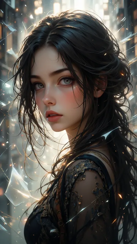  A truly stunningly beautiful woman ， has silky smooth hair ， brilliant face ， warm expression ， Mystery、grace、majesty， charming eyes ， Back Beautifully listening music playing in the scene， broken glass as background ，Various effects ， Complex and dynamic...