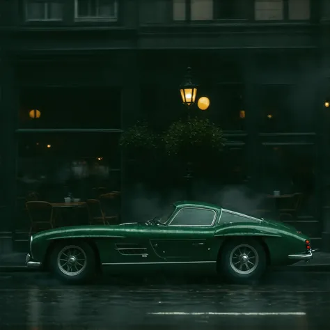 classic sports car, 1950s,  Dark Green , The cobblestone town , Cafe lights ,  Quiet Night,  European style , Retro,  romantic,  faintly swaying streetlight ,  reflection on window glass ,  soft bokeh effect , Slight drifting smoke ,  luster of a body wet ...