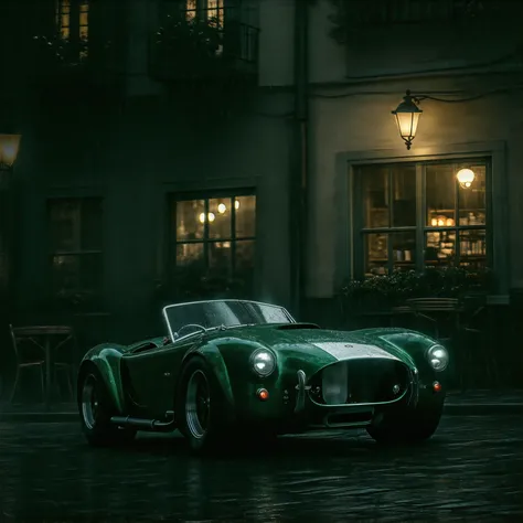 classic sports car, 1950s,  Dark Green , The cobblestone town , Cafe lights ,  Quiet Night,  European style , Retro,  romantic,  faintly swaying streetlight ,  reflection on window glass ,  soft bokeh effect , Slight drifting smoke ,  luster of a body wet ...