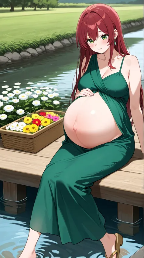 A 40-year-old pregnant woman ,  with long dark red hair and green eyes , with a slightly bulging belly due to pregnancy, wearing a green pregnancy dress and simple gold-colored Japanese sandals that clearly show her bare feet, While walking it's a path ful...