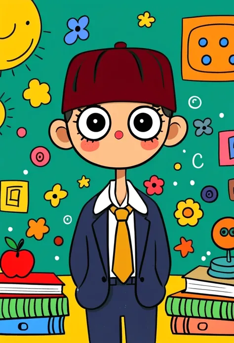 Flat wind，vector，   childish art cartoon of elementary school students in the classroom ，  animated boy with hat,  big eyes，  short hair， has a lovely expression ，  Minimalist， suit ，Lovely art style,   colorful! Digital illustration style, Mathematical Ar...