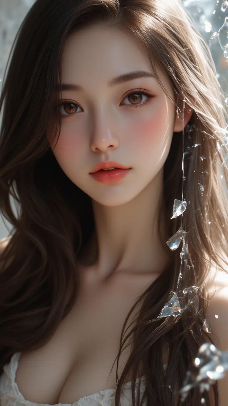  A truly stunningly beautiful woman ， has silky smooth hair ， brilliant face ， warm expression ， Mystery、grace、majesty， charming eyes ， Back Beautifully listening music playing in the scene， broken glass as background ，Various effects ， Complex and dynamic...