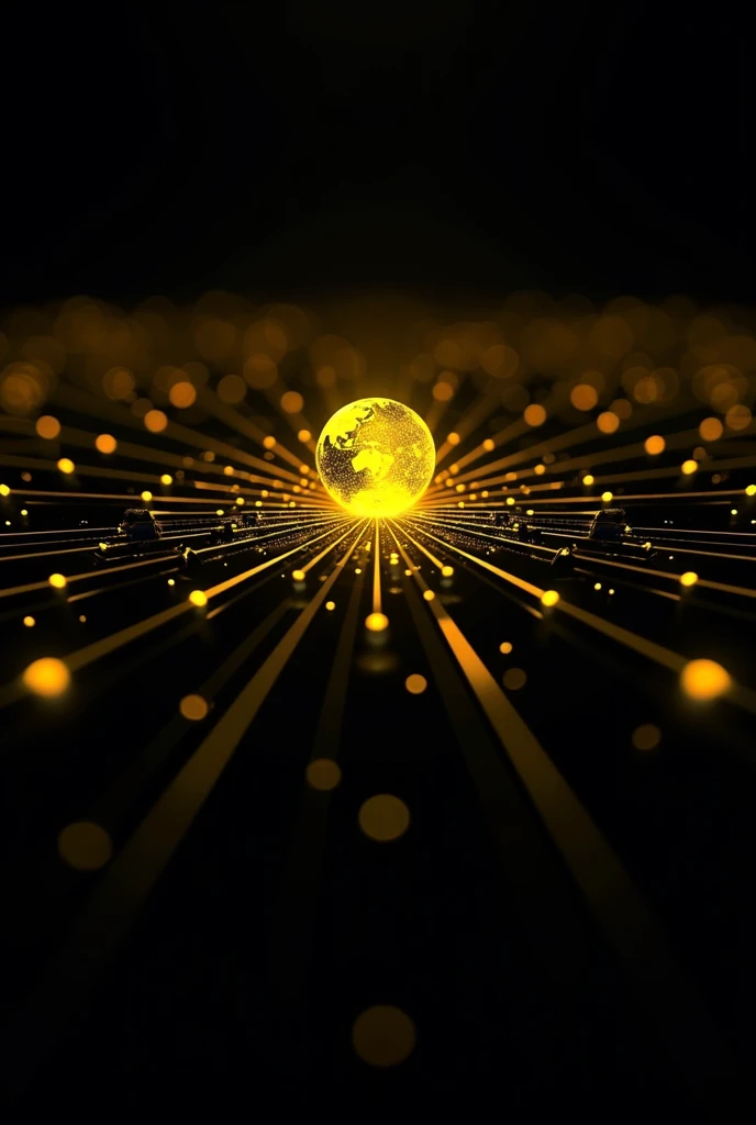 A modern, black-and-yellow abstract image symbolizing the global reach of the internet. In the center, a glowing yellow globe, representing the world, is connected by sleek black lines that form a digital network. These lines stretch outward, branching int...