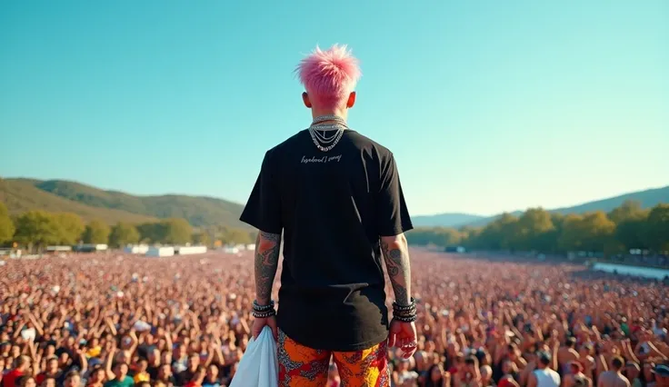 A high-energy concert scene featuring an asian male performer standing on an elevated stage, facing a massive crowd under a clear blue sky. The performer has short, messy pink hair and wears a black oversized t-shirt with 'HELMUT LANG' printed on the back....