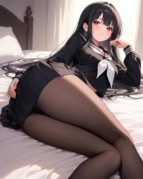  beautiful girl、 black hair、 long、 black sailor suit、 lies on the bed