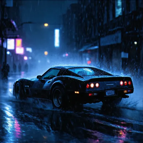  Retro Sports Car , 1970s,  black body , Big city night,  downpour,  Puddles Reflected by Neon ,  Raindrops Glide Over Your Body ,  Glowing Brake Lamps ,  Neon Signs Reflected on the Car Window ,  Sense of Speed ,  Blur Effects , Blurry Streetlights ,  Dra...