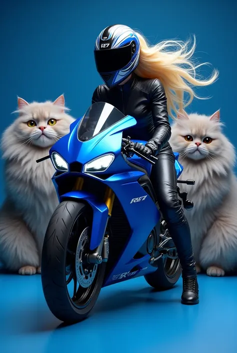 Blonde princess biker with full blue black helmet you can only see her hair on a blue Yamaha R7 motorcycle with 2 very fat ragdoll cats with gray in the background