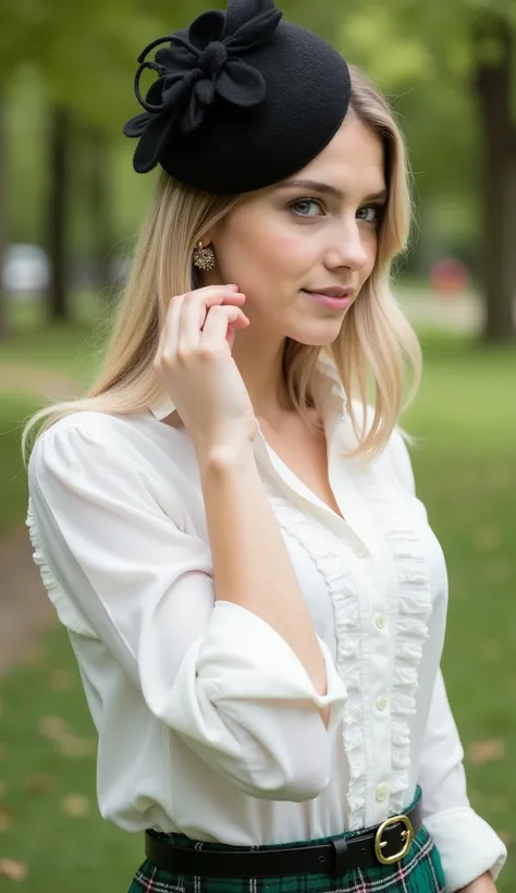 Close up face, Side view, head on Black Cocktail hat,  in Park,   name is Jessica, fashion Model and Actress, 22-age, (White English female, Platinum blonde hair, beautiful blue eye, cute thin lip, smile) , (big breasts, middle hip), (elegant White frill b...