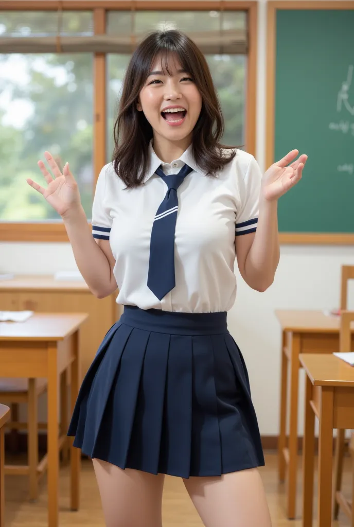 A large breasted Japanese woman wearing a school uniform is laughing in the school classroom