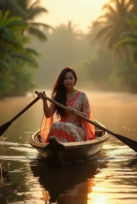 "A beautiful young Southeast Asian woman with fair skin rowing a traditional wooden boat through a calm river, surrounded by lush green tropical vegetation. She wears a flowing, colorful traditional dress, and her long dark hair is gently swayed by the bre...