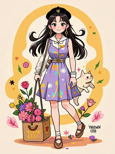  Yeoniu Choi's healing stick figure style，Cartoon illustration, solid background , a beautiful and stylish long-haired girl ,Wearing a beret ,Carrying a canvas bag,Holding a bouquet of flowers in his hand, with a dog ,Minimalism,healing illustration