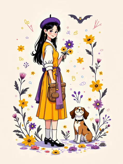  Yeoniu Choi's healing stick figure style，Cartoon illustration, solid background , a beautiful and stylish long-haired girl ,Wearing a beret ,Carrying a canvas bag,Holding a bouquet of flowers in his hand, with a dog ,Minimalism,healing illustration