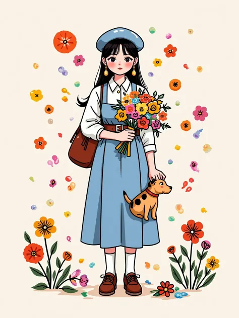  Yeoniu Choi's healing stick figure style，Cartoon illustration, solid background , a beautiful and stylish long-haired girl ,Wearing a beret ,Carrying a canvas bag,Holding a bouquet of flowers in his hand, with a dog ,Minimalism,healing illustration