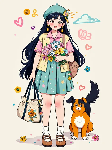  Yeoniu Choi's healing stick figure style，Cartoon illustration, solid background , a beautiful and stylish long-haired girl ,Wearing a beret ,Carrying a canvas bag,Holding a bouquet of flowers in his hand, with a dog ,Minimalism,healing illustration