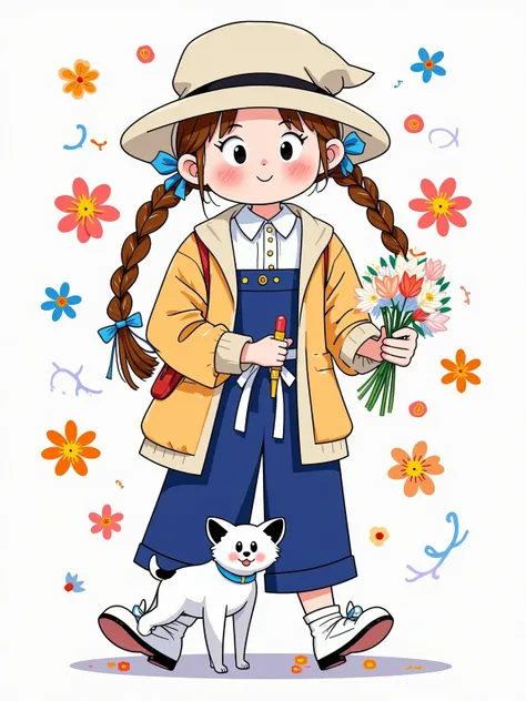  Yeoniu Choi's healing stick figure style，Cartoon illustration, solid background , a beautiful and stylish long-haired girl ,Wearing a beret ,Carrying a canvas bag,Holding a bouquet of flowers in his hand, with a dog ,Minimalism,healing illustration