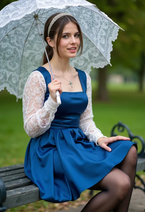 young German brunette woman  ,  beautiful eyes .   long brown hair with ponytail  .   hairband  , Cross necklace, knee-length baroque blue shiny satin A-line dress with white lace sleeves,    stockings  ,   transparent lip gloss  , slim building , pretty, ...