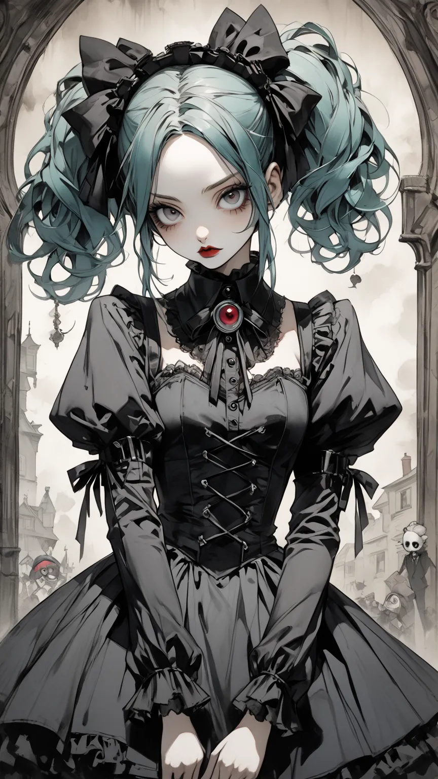  Hatsune Miku、solo、 Norman Rockwell  &  Tim Burton Style、 gothic costume 、 smoky color、