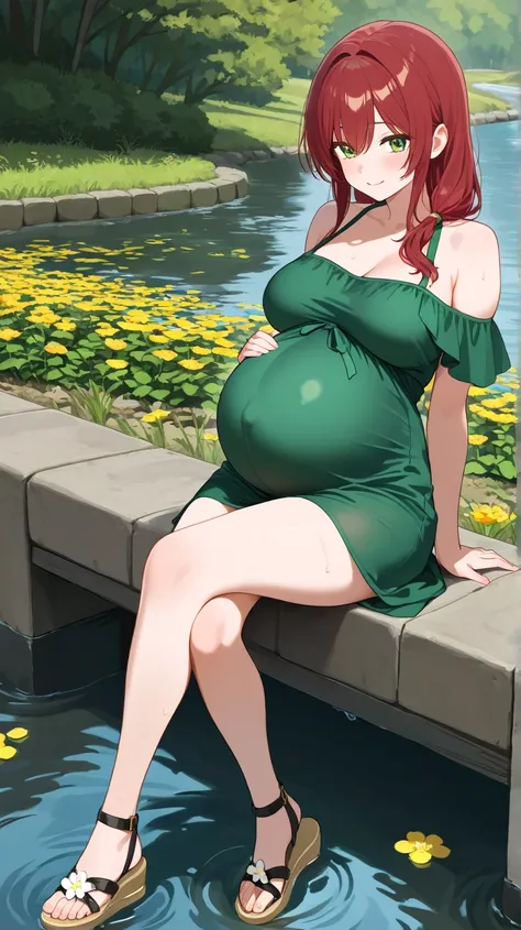 A 40-year-old pregnant woman ,  with long dark red hair and green eyes , with a slightly bulging belly due to pregnancy, wearing a green pregnancy dress and simple gold-colored Japanese sandals that clearly show her bare feet, While walking it's a path ful...