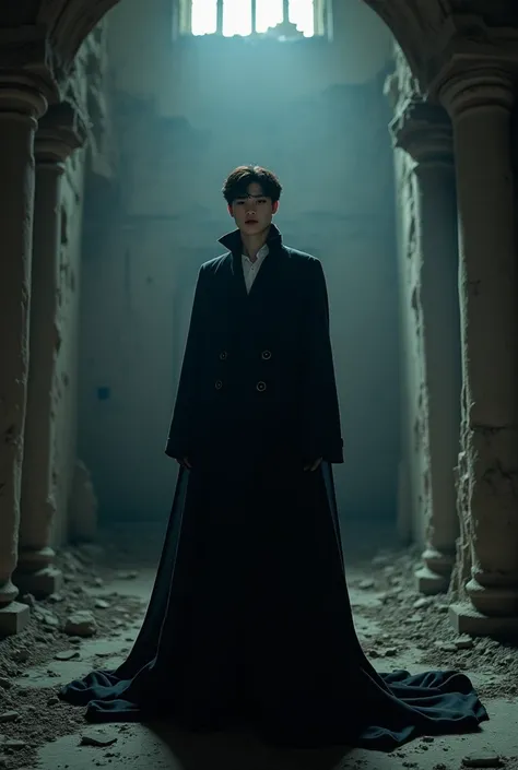 Jungkook portrayed him as a vampire wearing a black robe in an abandoned castle 