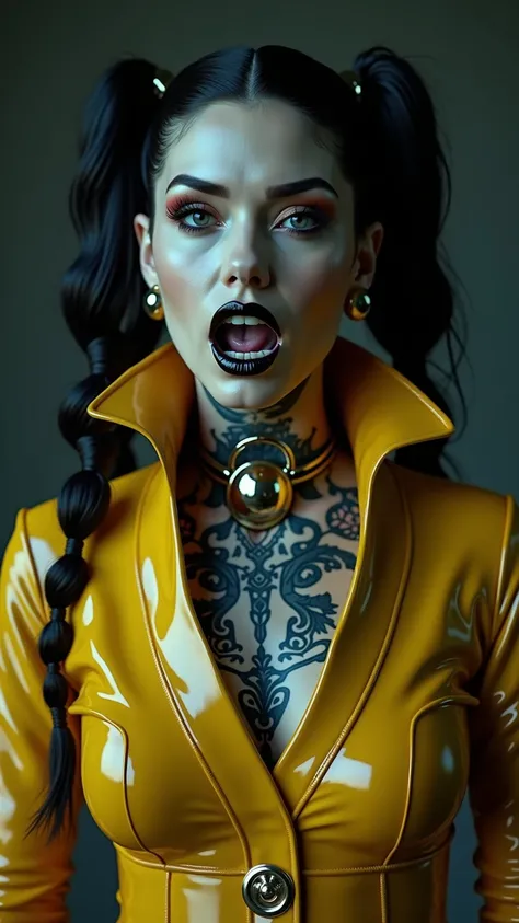 ANGELINA JOLIE, Dominatrix  , pale skin, vampire, nosferatu, BDSM, blue yellow latex , brilliant, metallic, corps latex noir, leggings en latex noir,   latex Japanese latex kimono  , cuissardes Bottes en latex yellow pour les cuisses, yellow latex corset, ...