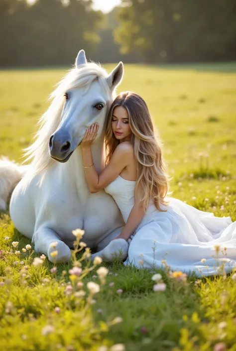 A tranquil and heartfelt scene of Olivia Rose, a 30-year-old Australian Instagram model, lying down in a lush, sunlit meadow. Olivia has waist-length chocolate brown ombré hair with light blonde highlights and long brown roots, styled in soft waves cascadi...