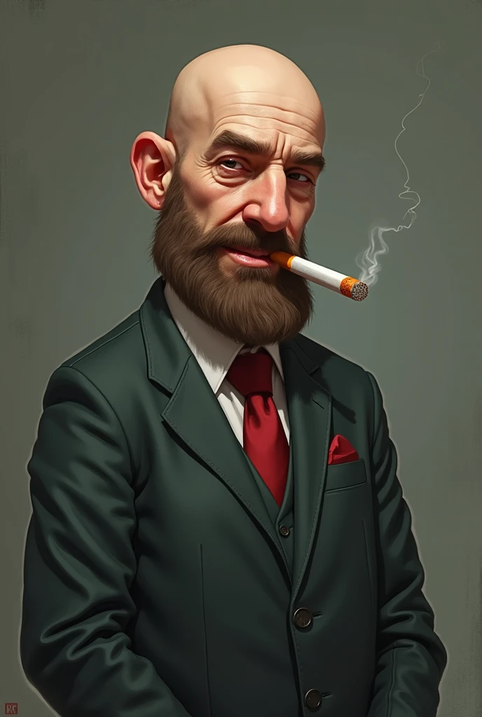 Create a picture of Mr. Kussstaaaa. He is tall has a bald head,  fair skin,  smokes a lot of cigarettes , Is teacher, A bite of fat, A bite ugly,  does not have a beard , impure skin, thick and distinctive face