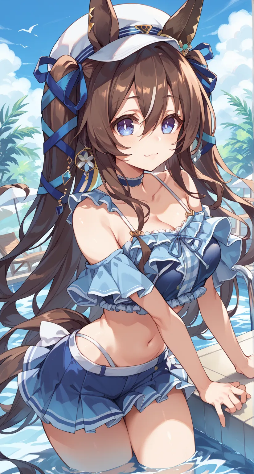 Viblos ( Uma Musume), brown hair, collarbone, floating hair, hair between the eyes, hair ribbon, hat, head tilted, horse ears,  Uma Musume, girl, alone,  swimsuit、 pool、wedding bikini