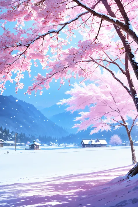 best high quality, Details, photo realistic, cherry blossoms, snow,