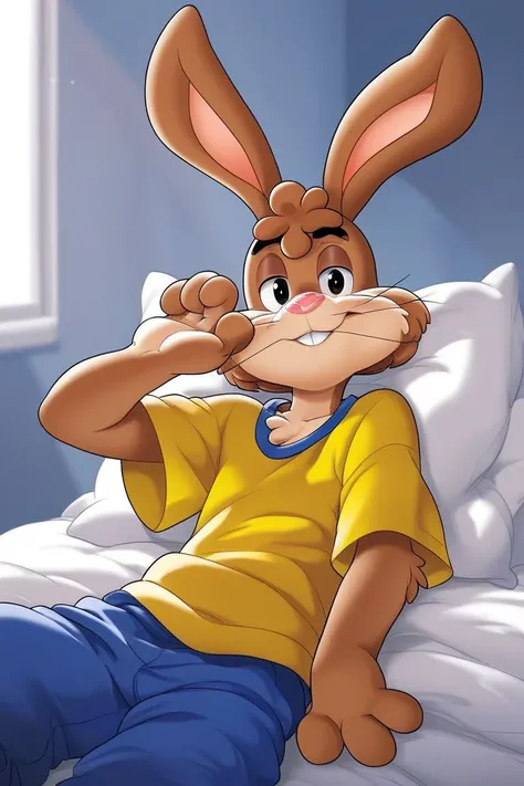 masterpiece, best quality, 8k, quicky,4 fingers,brown fur, blue pants, yellow t-shirt, bedroom eyes, standing, young adult, puffy hair, tall, cute version of quicky, cute rabbit hair, furry, rabbit, male, eyeshadow, slim,solo,looking_at_viewer, bed‚ sleepi...