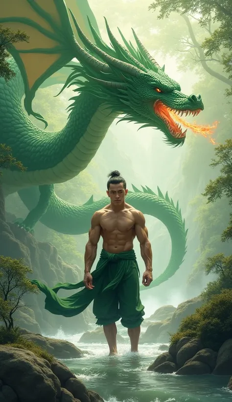 a shirtless vietnamese guy, inspired by Ma Quan, green dragon flying around in the back breathing fire, barefoot man under the stream looks very cool